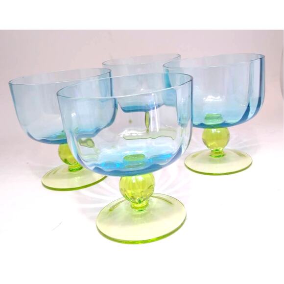 Studio Nova Set of 4 Hand Blown Blue and Green Glass Stemmed  Dessert Bowls - Picture 2 of 7